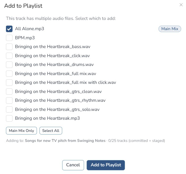 Composer Catalog Add to Playlist popup listing multiple audio files for a track with checkboxes, Main Mix Only and Select All buttons, and an Add to Playlist button