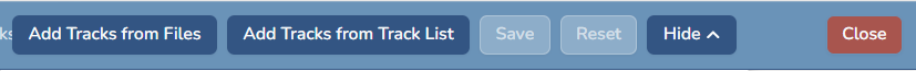 Composer Catalog playlist building toolbar with Add Tracks from Files, Add Tracks from Track List, Save, Reset, Hide, and Close buttons