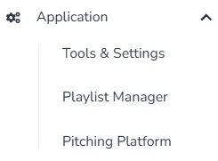 Composer Catalog Application navigation menu showing Tools & Settings, Playlist Manager, and Pitching Platform
