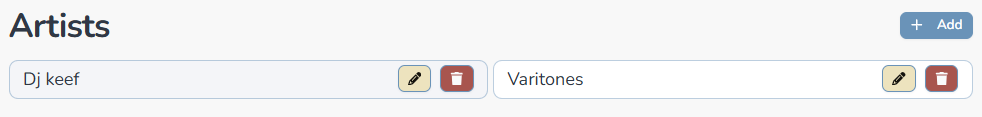 Composer Catalog Artists panel showing artist names with edit and delete buttons