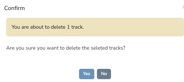 Composer Catalog delete confirmation popup asking if you are sure you want to delete the selected tracks