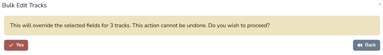 Composer Catalog Bulk Edit Tracks confirmation popup warning that this will override the selected fields for 3 tracks