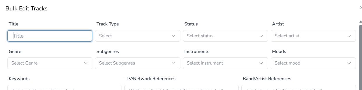 Composer Catalog Bulk Edit Tracks popup form with Title, Track Type, Status, Artist, Genre, Subgenres, Instruments, Moods, Keywords, TV/Network References, and Band/Artist References fields
