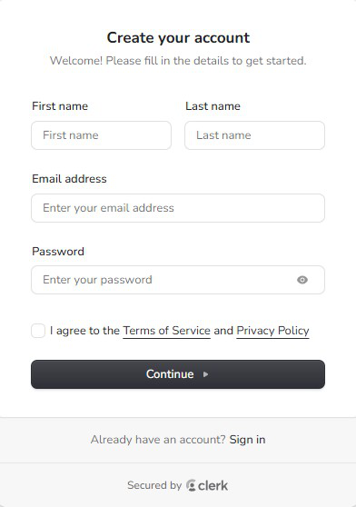 Composer Catalog create account registration form with first name, last name, email, and password fields
