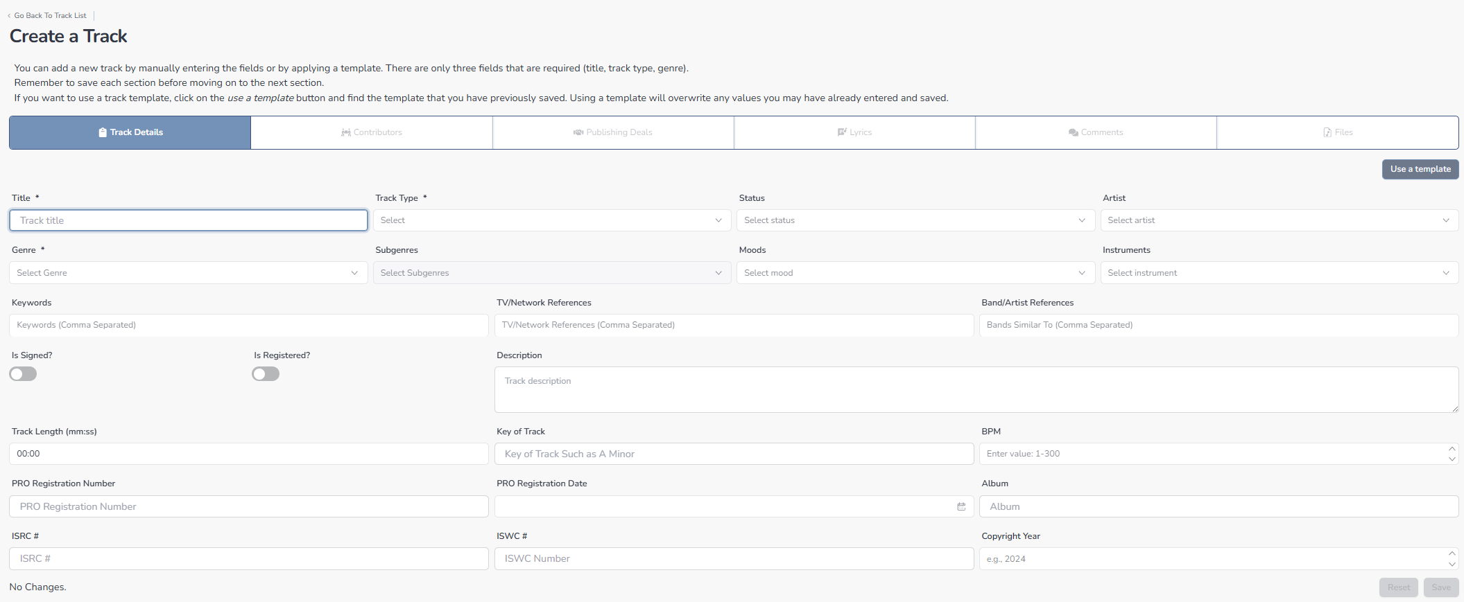 Composer Catalog Create a Track form showing Track Details tab with title, track type, genre, and other fields