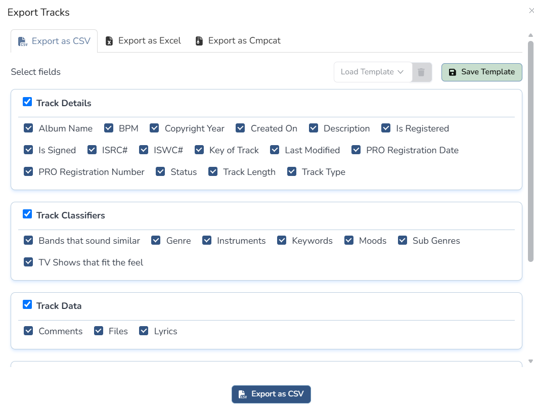 Composer Catalog Export Tracks as CSV popup showing Track Details, Track Classifiers, and Track Data field checkboxes with a Save Template button