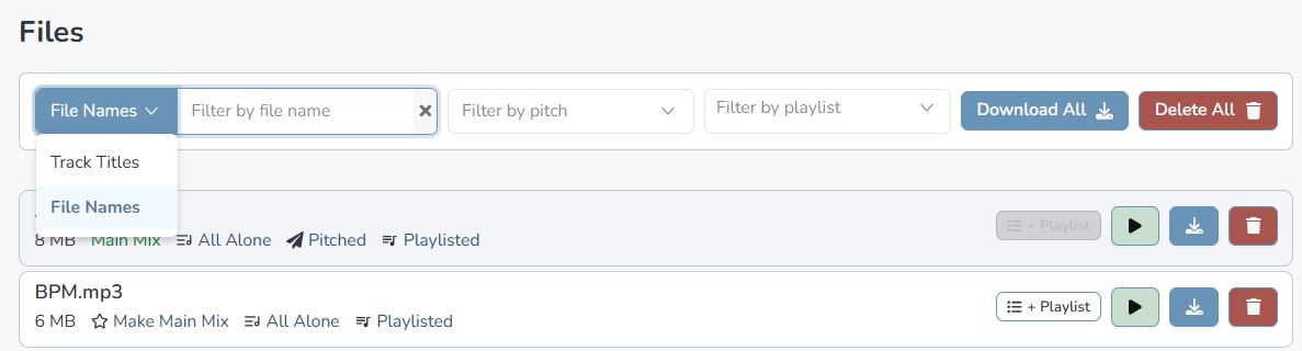 Composer Catalog Files section filter row with File Names dropdown, pitch filter, playlist filter, and Download All / Delete All buttons