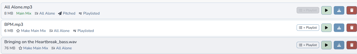 Composer Catalog Files list showing example audio file rows such as All Alone.mp3 and BPM.mp3