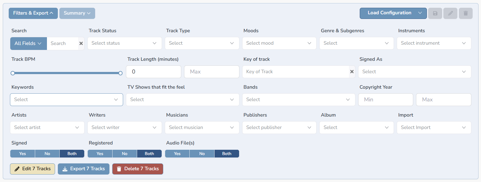 Composer Catalog Filters and Export panel fully expanded showing search, track status, track type, moods, genre, instruments, BPM, track length, key, signed as, keywords, TV shows, bands, copyright year, artists, writers, musicians, publishers, album, import, and signed/registered/audio file toggles