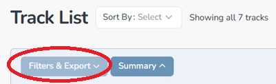 Composer Catalog Track List with the Filters & Export button highlighted