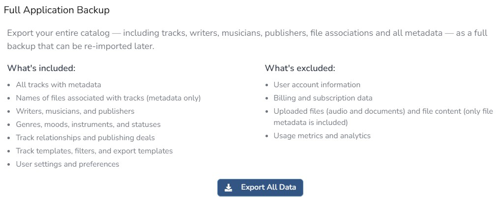 Composer Catalog Full Application Backup panel listing what's included and excluded, with an Export All Data button