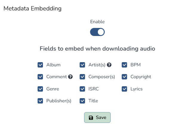 Composer Catalog Metadata Embedding panel with the Enable toggle on and checkboxes for Album, Artist, BPM, Comment, Composer, Copyright, Genre, ISRC, Lyrics, Publisher, and Title