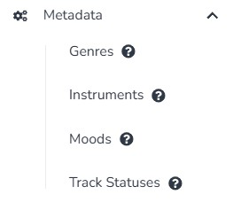 Composer Catalog Metadata navigation menu showing Genres, Instruments, Moods, and Track Statuses