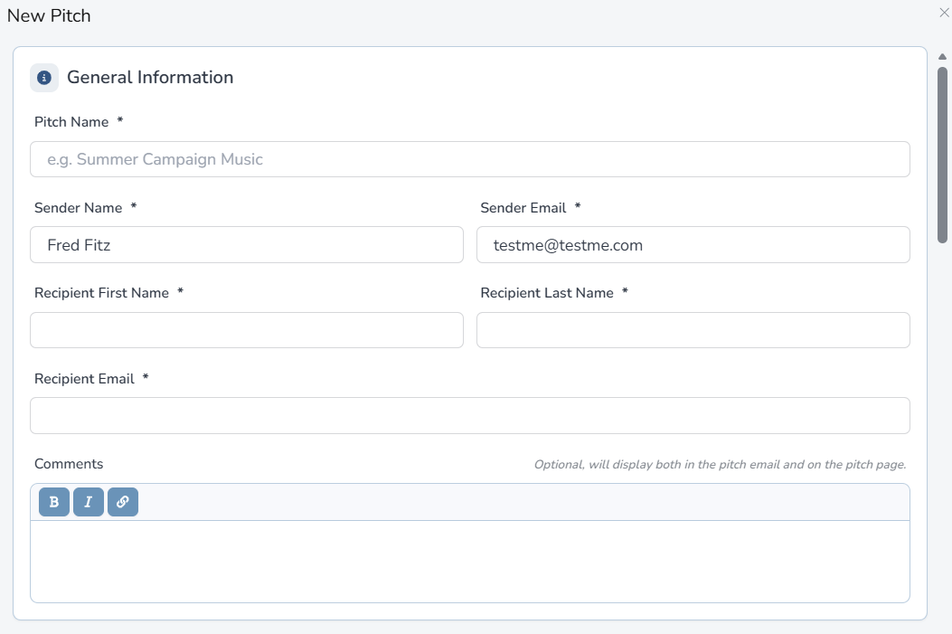 Composer Catalog New Pitch form General Information section with Pitch Name, Sender Name, Sender Email, Recipient First Name, Recipient Last Name, Recipient Email, and Comments fields