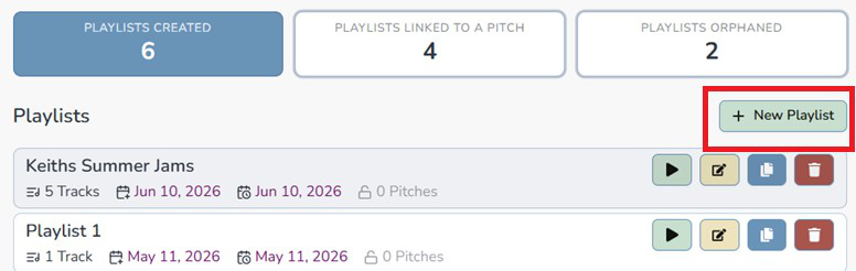 Composer Catalog Playlists list with the New Playlist button highlighted, showing Keiths Summer Jams and Playlist 1