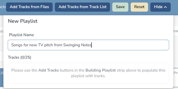 Composer Catalog New Playlist name entry bar with Add Tracks from Files, Add Tracks from Track List, Save, Reset, and Hide buttons