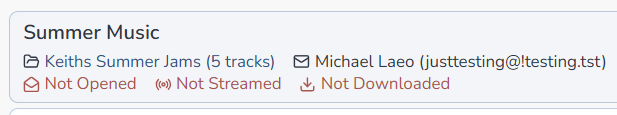 Composer Catalog pitch list card for Summer Music showing the playlist Keiths Summer Jams, recipient Michael Laeo, and status Not Opened, Not Streamed, Not Downloaded