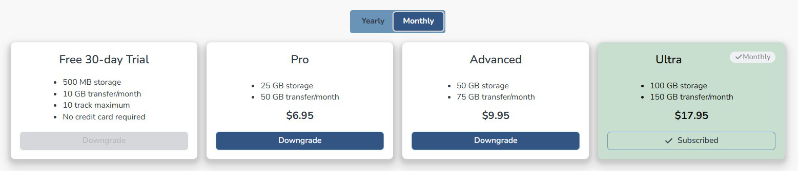 Composer Catalog plan selection screen showing Free Trial, Pro, Advanced, and Ultra plan options with Yearly/Monthly toggle