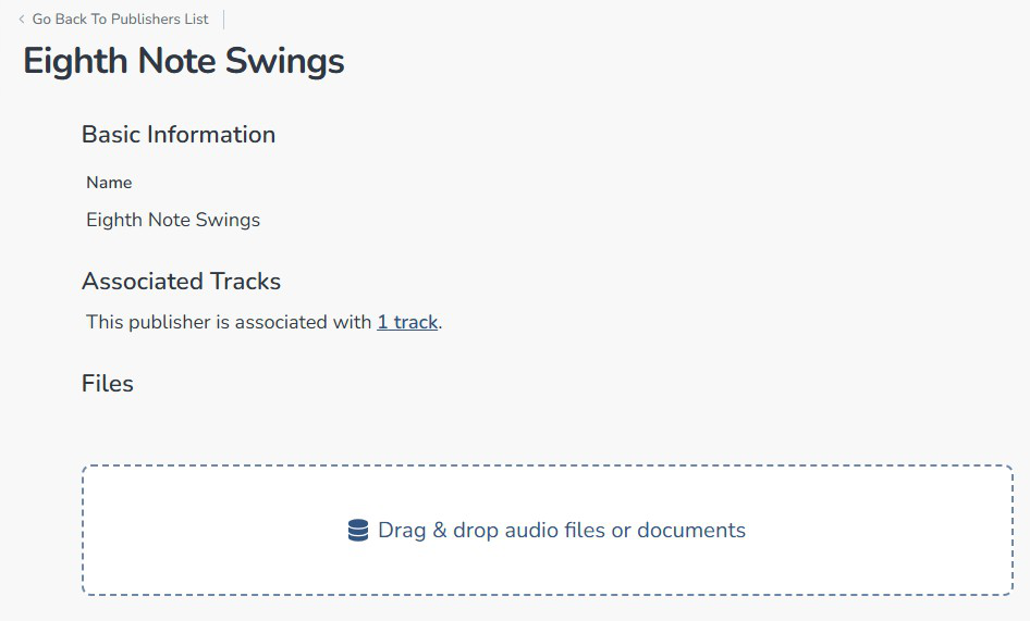 Composer Catalog publisher detail record showing associated tracks and a drag and drop file attachment area