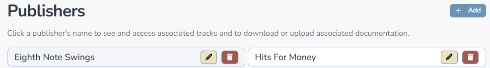 Composer Catalog Publishers panel showing publisher names with edit and delete buttons