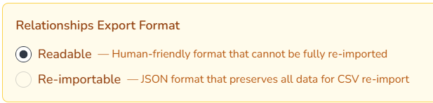 Composer Catalog Relationships Export Format options showing Readable and Re-importable radio buttons