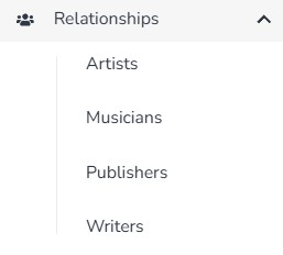 Composer Catalog Relationships navigation menu showing Artists, Musicians, Publishers, and Writers
