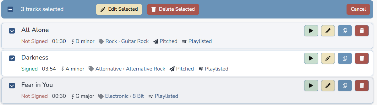 Composer Catalog Track List showing 3 tracks selected with Edit Selected and Delete Selected buttons