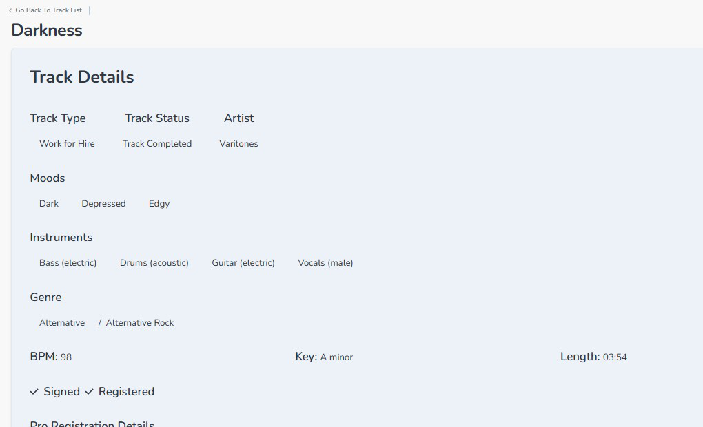 Composer Catalog track detail view for Darkness showing Track Type, Track Status, Artist, Moods, Instruments, Genre, BPM, Key, Length, and Signed/Registered status