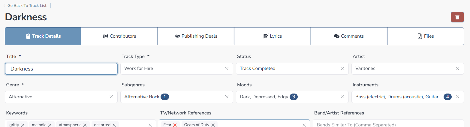 Composer Catalog full track editing form for Darkness with Track Details, Contributors, Publishing Deals, Lyrics, Comments, and Files tabs