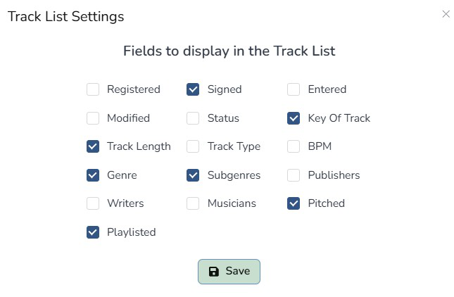 Composer Catalog Track List Settings popup with checkboxes for fields like Registered, Signed, Track Length, Genre, and Pitched