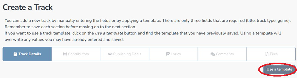 Composer Catalog Create a Track form with the Use a Template button highlighted