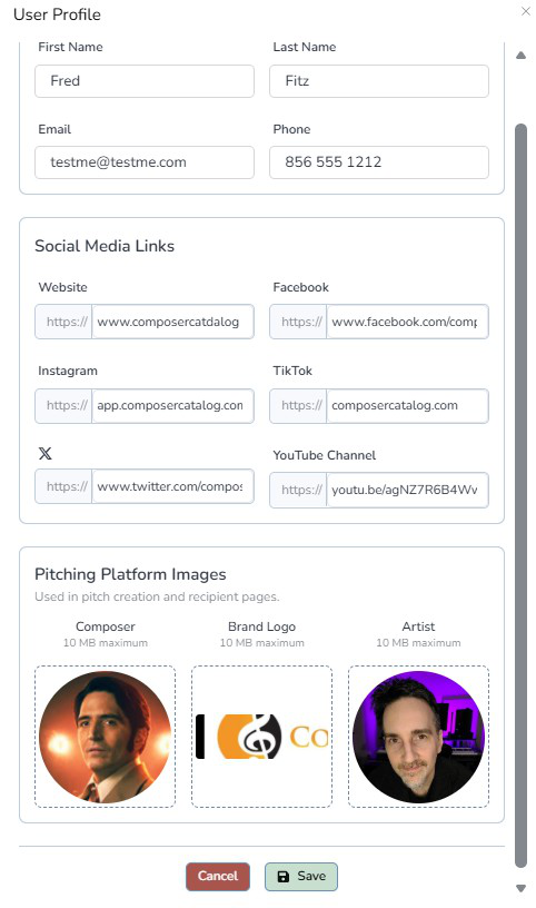Composer Catalog User Profile popup showing contact fields, social media links, and Pitching Platform Images for Composer, Brand Logo, and Artist