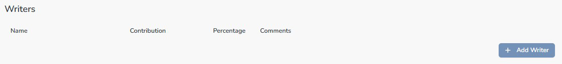 Composer Catalog Writers table on the track form with name, contribution, percentage, and comments columns and an Add Writer button