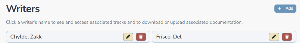 Composer Catalog Writers panel showing writer names with edit and delete buttons